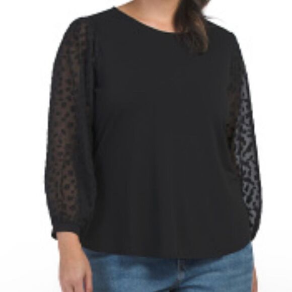 Adrianna Papell Womens 2X black Mixed Media Blouse dot mesh sleeves whimsigoth - Picture 1 of 11